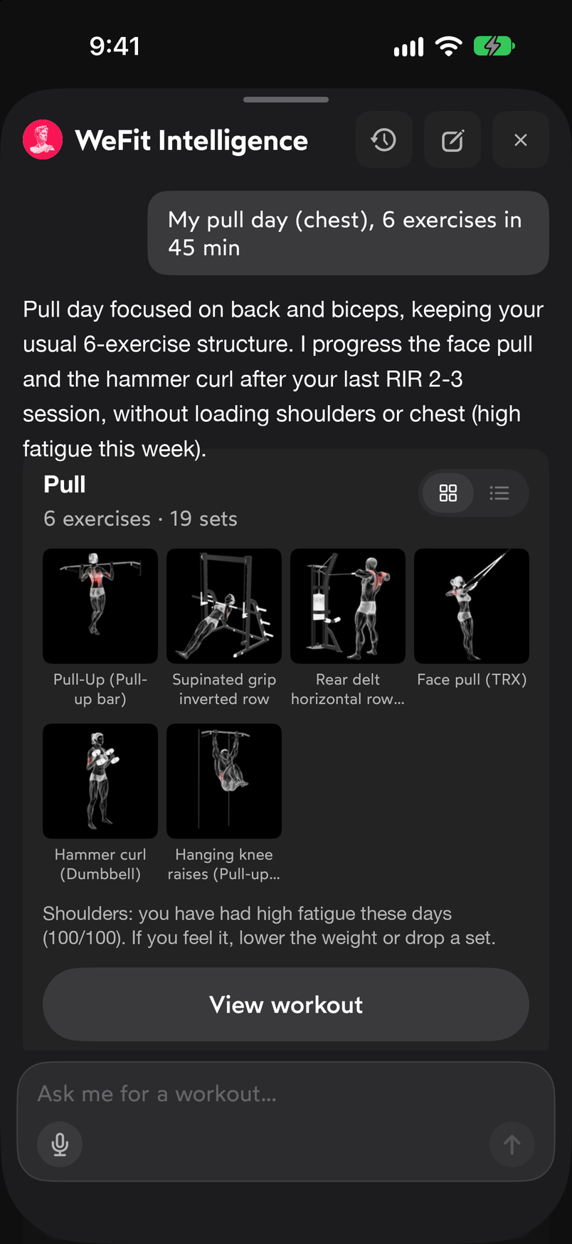 WeFit Intelligence proposal with the Pull card, six exercises in a grid, the View workout button and the adjustment chips