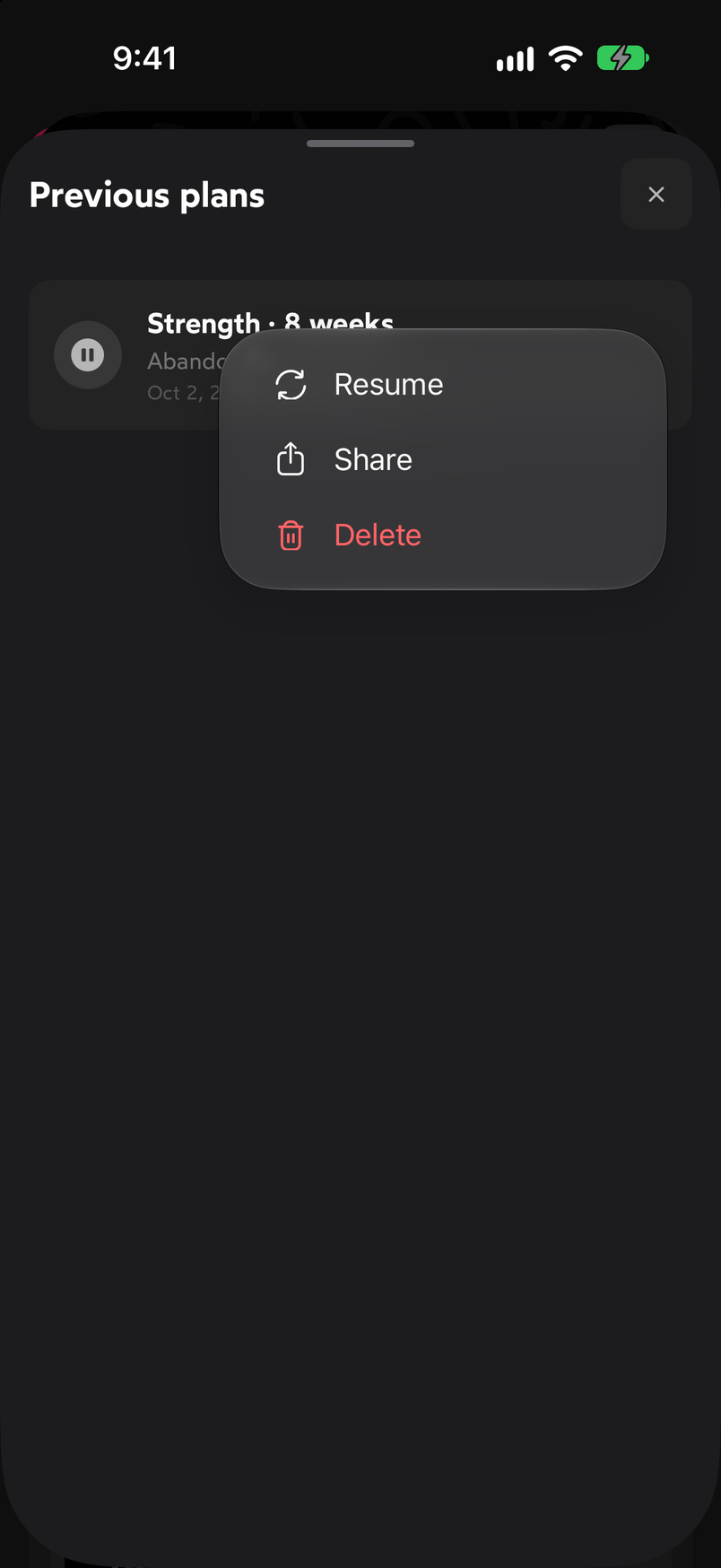 Menu of a previous plan with the options Resume, Share and Delete