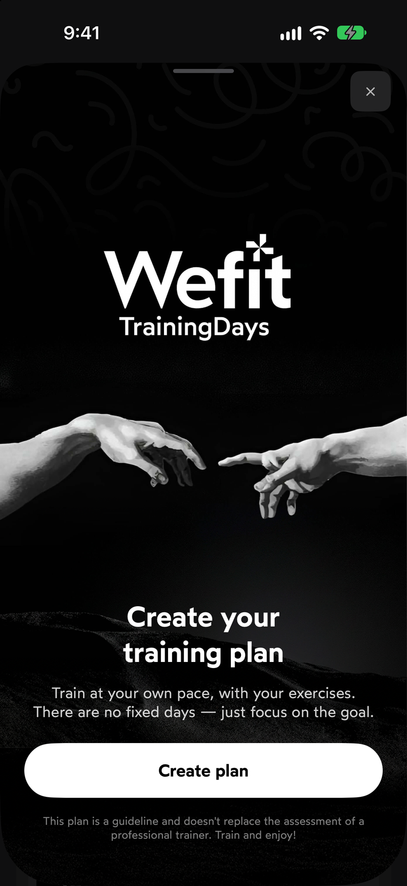 Create your training plan screen with the Create plan button and the notice that the plan is a guideline