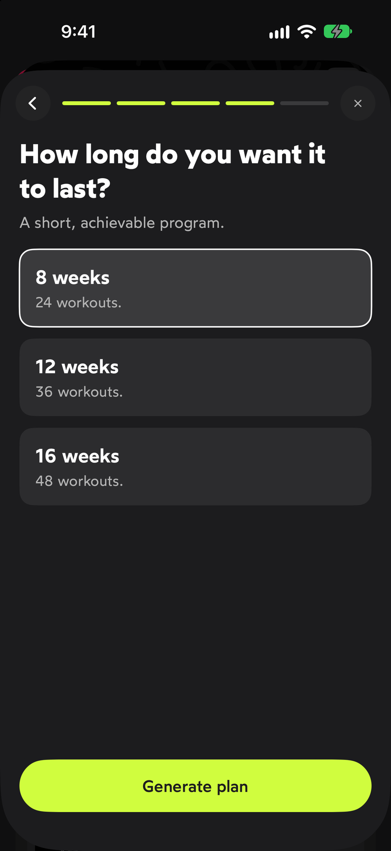 How long do you want it to last? step with the 8, 12 and 16 week options and the Generate plan button