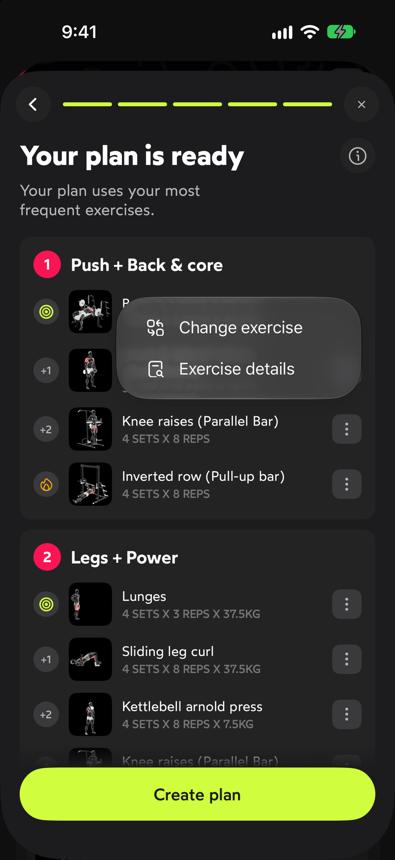 Menu for a proposed exercise with the options Change exercise and Exercise details