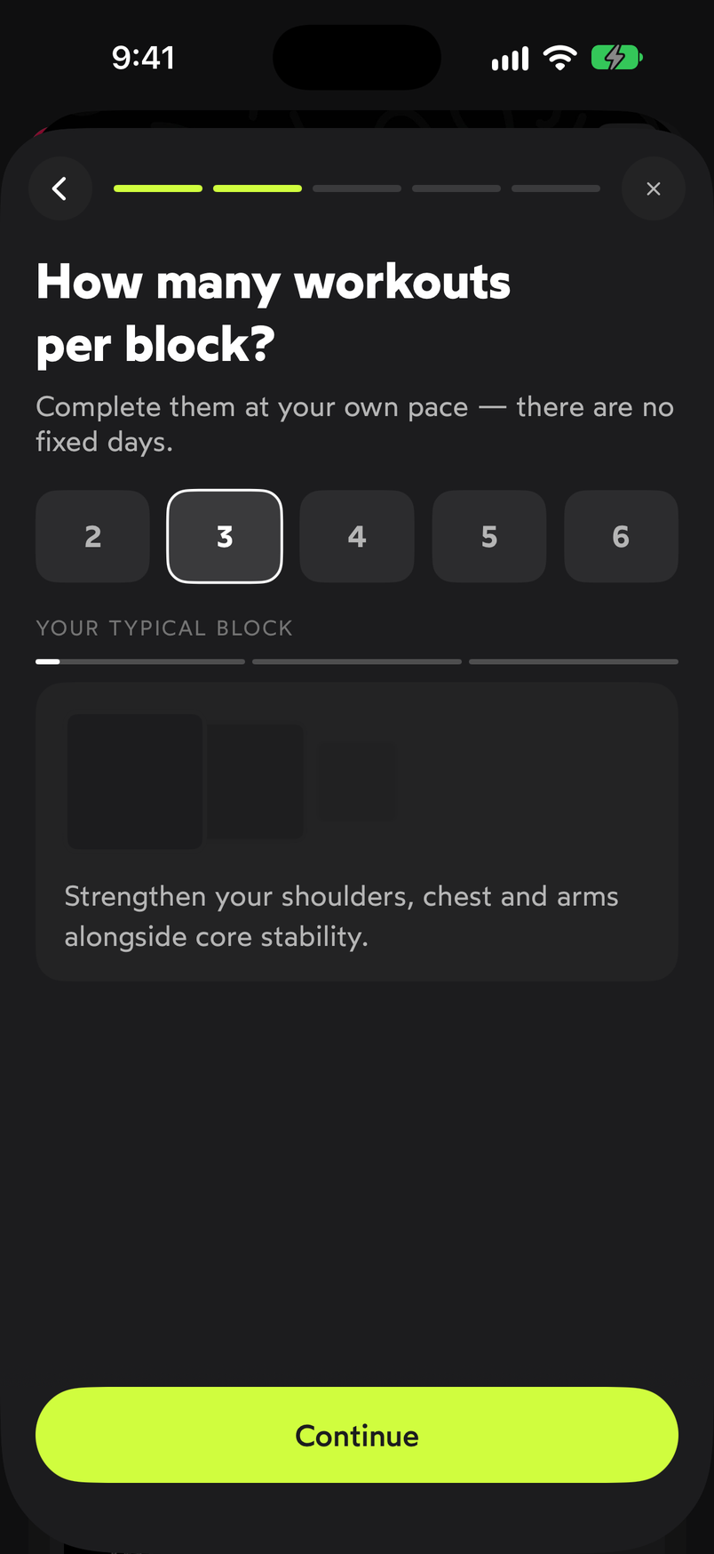 How many workouts per block? step with the numbers 2 to 6