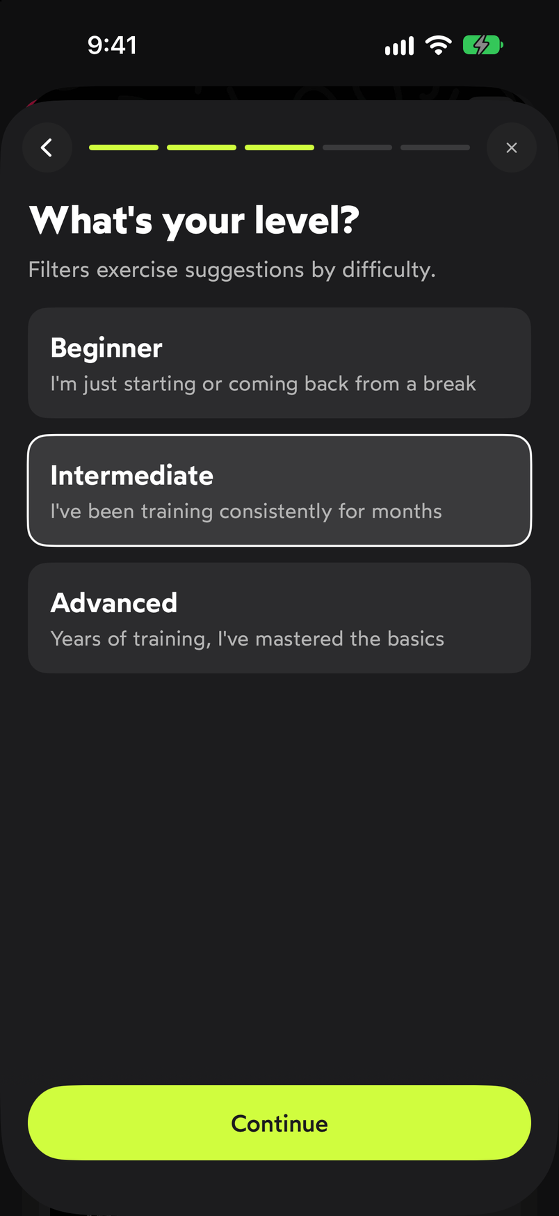 What's your level? step with the Beginner, Intermediate and Advanced options