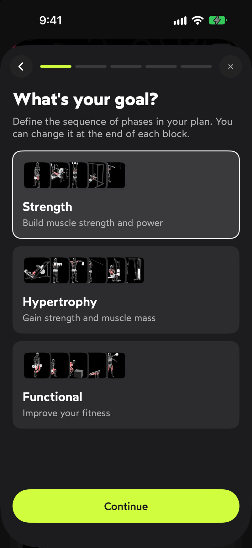 What's your goal? step with the Strength, Hypertrophy and Functional options