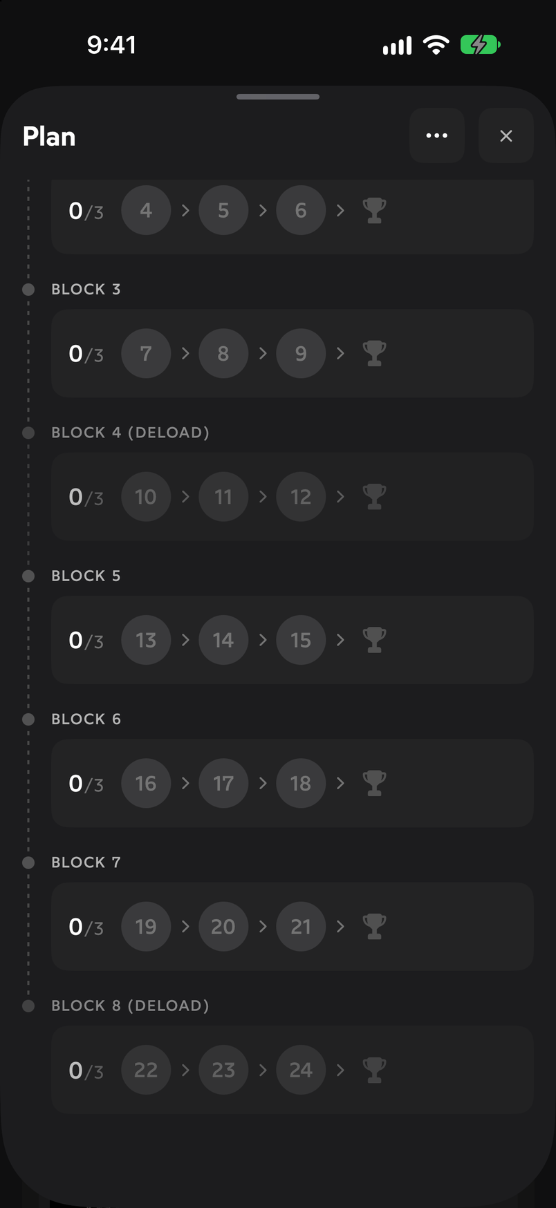 Plan view scrolled down with blocks 5 to 8, the last one a deload