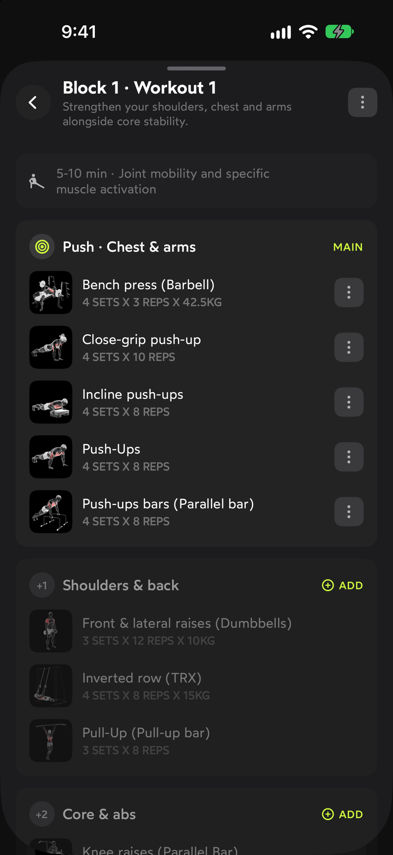 Detail of the Block 1 · Workout 1 workout with the warm-up, the main block and its exercises