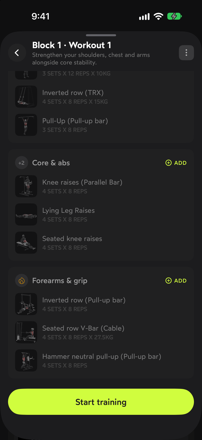 End of the workout detail with the Start training button