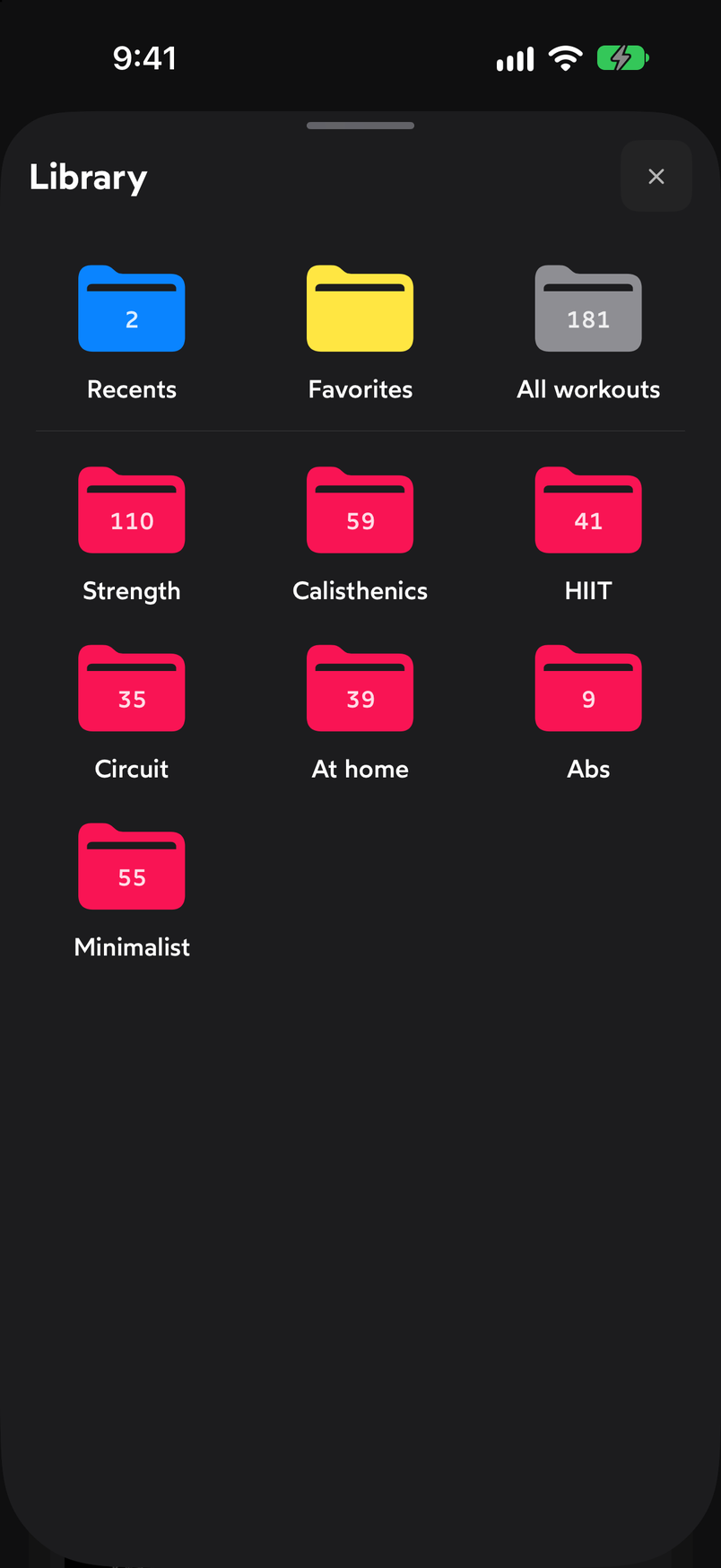 Library front page with the Recents, Favorites and All workouts cards and the collections by goal