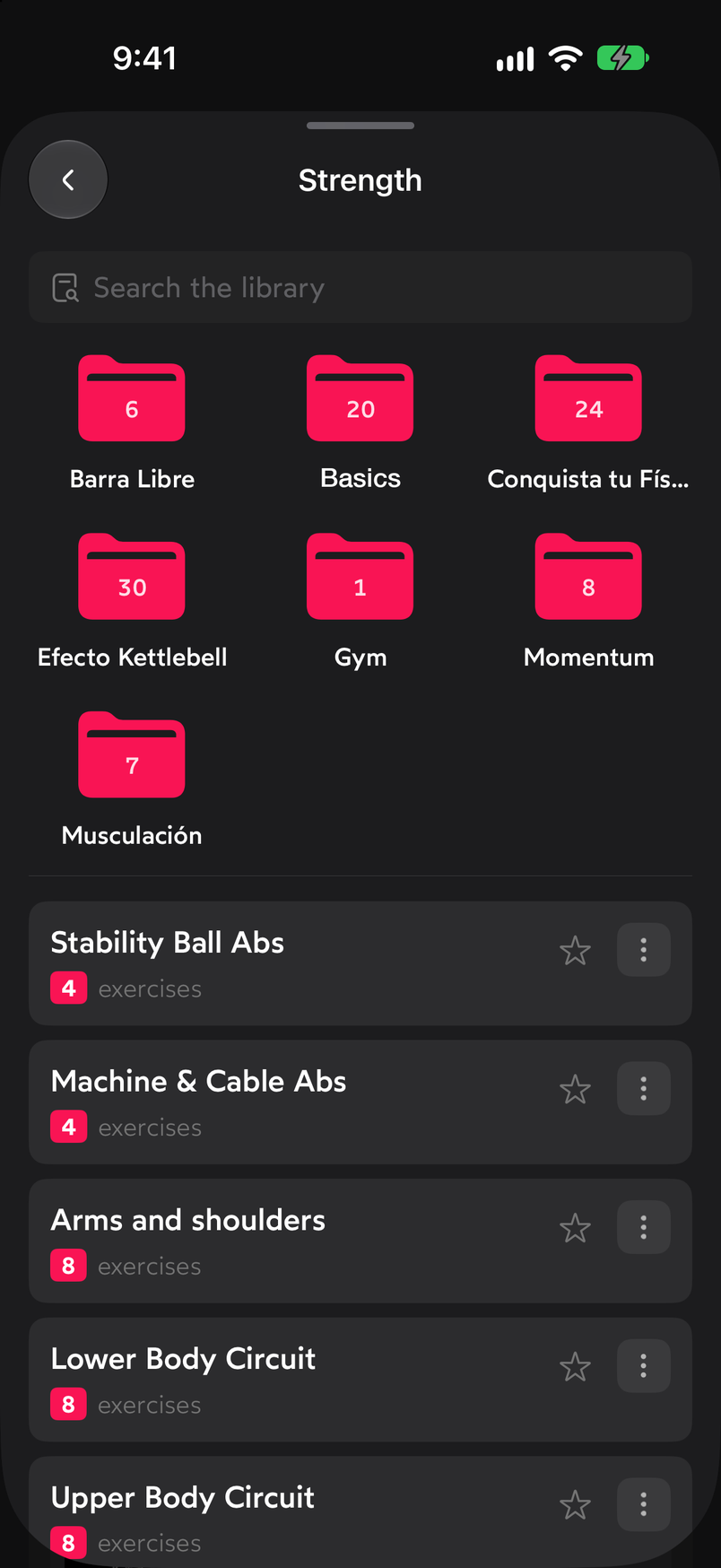 Strength collection in the Library with the search field, the subcollections and the list of individual workouts