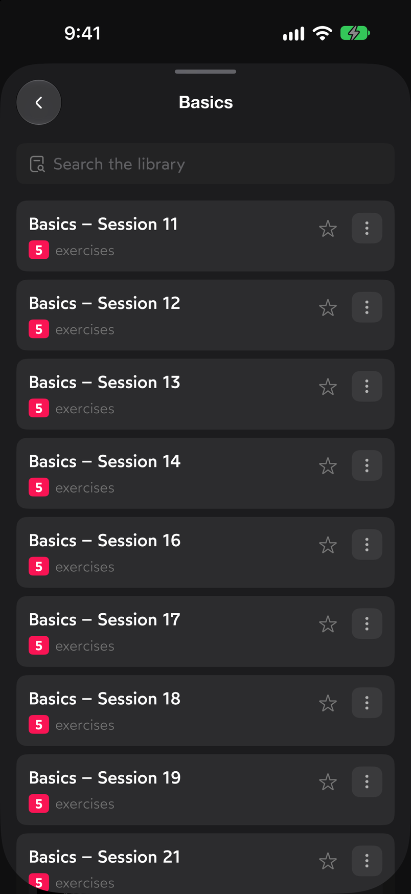 List of sessions in the Basics subcollection, each with a favorite star and an options button
