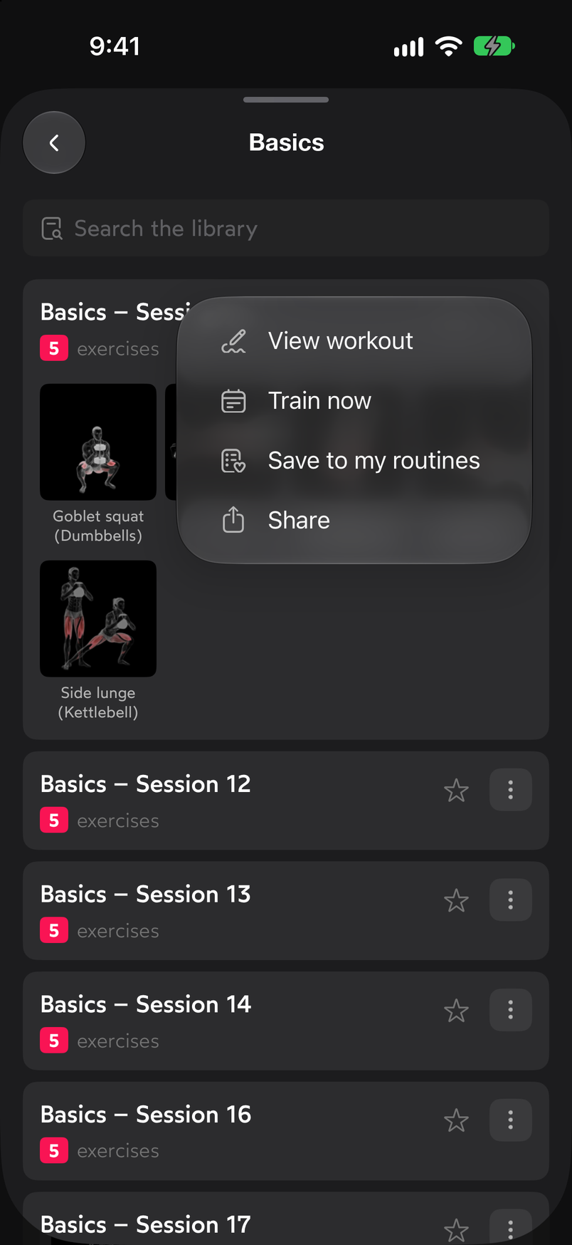 Options menu for a Library session with View workout, Train now, Save to my routines and Share