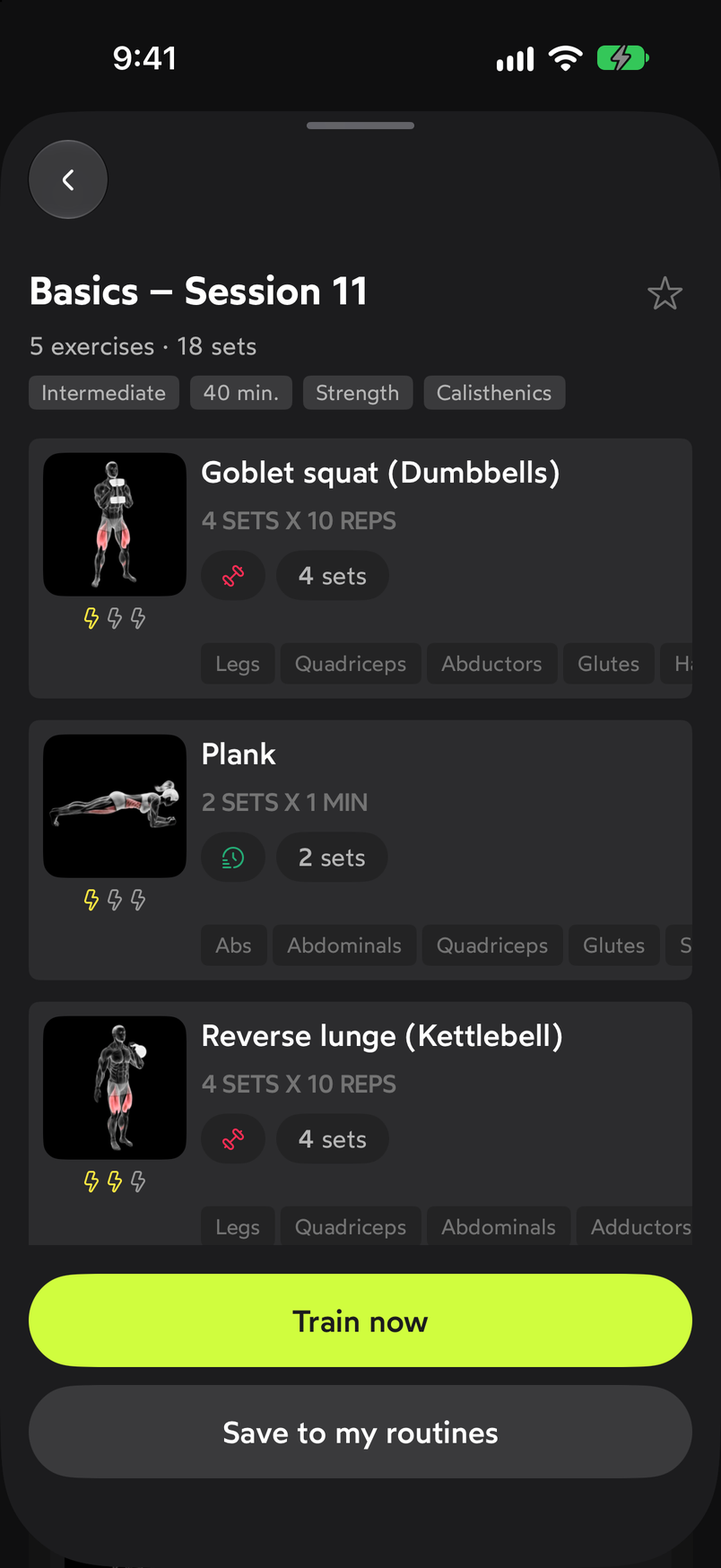 Detail page of the Basics – Session 11 workout with its tags, the exercise cards and the Train now and Save to my routines buttons