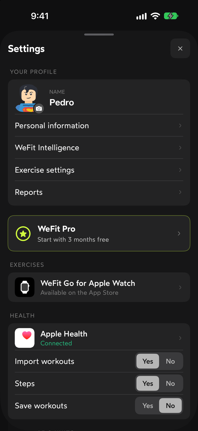 WeFit Settings with the WeFit Pro card, Start with 3 months free