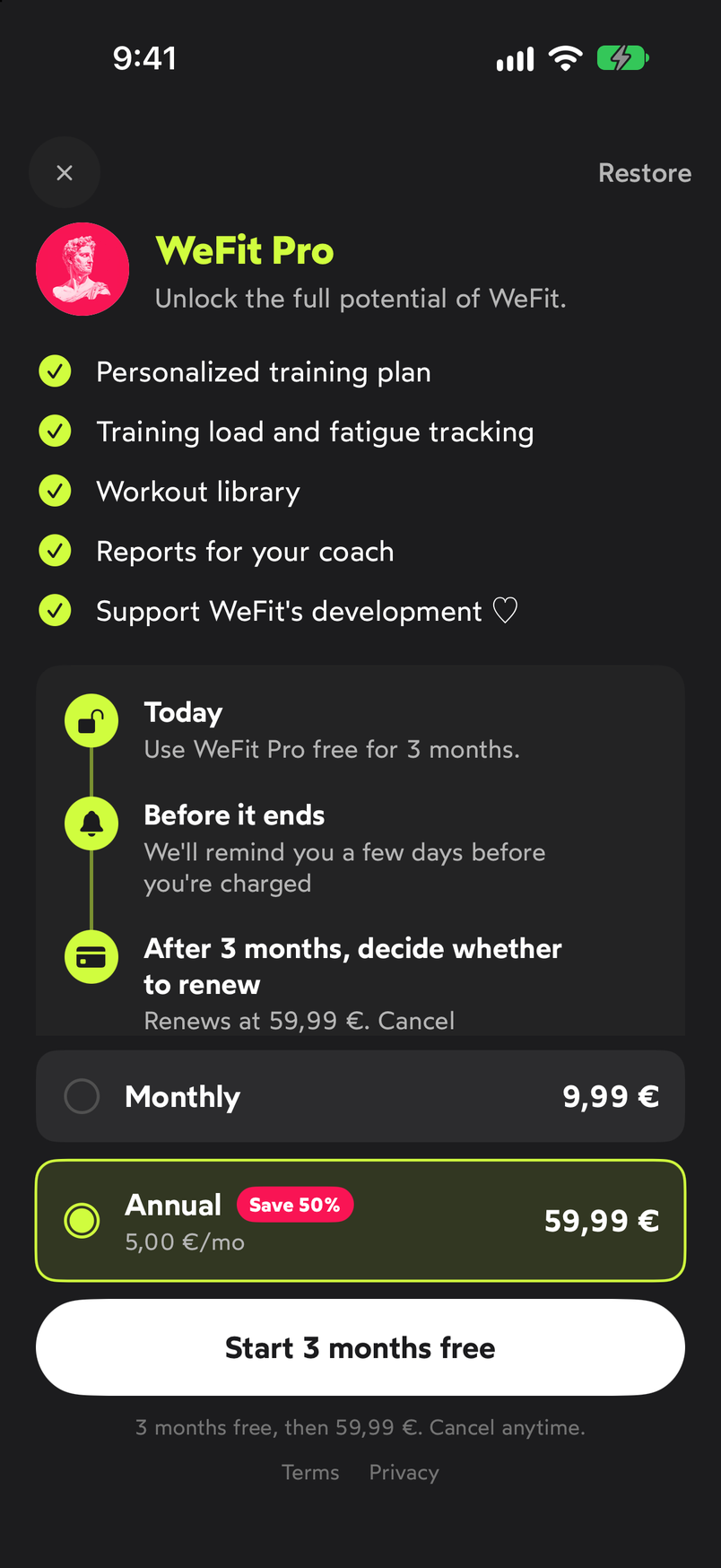 WeFit Pro screen with the list of features, the free trial timeline, the Monthly and Annual plans and the Start 3 months free button