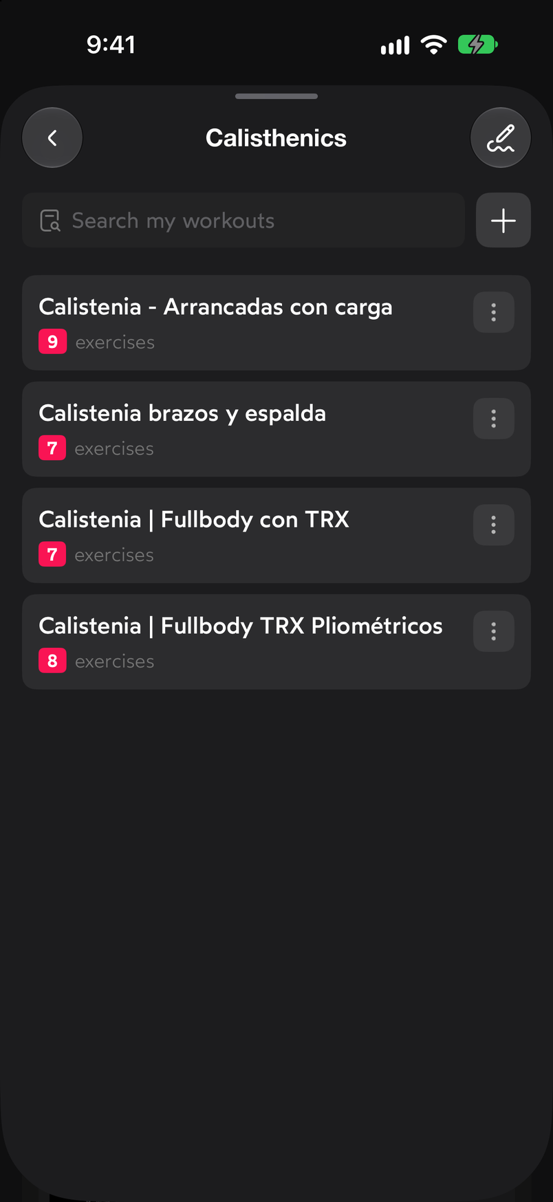 Calisthenics folder with the search and the list of routines with their number of exercises