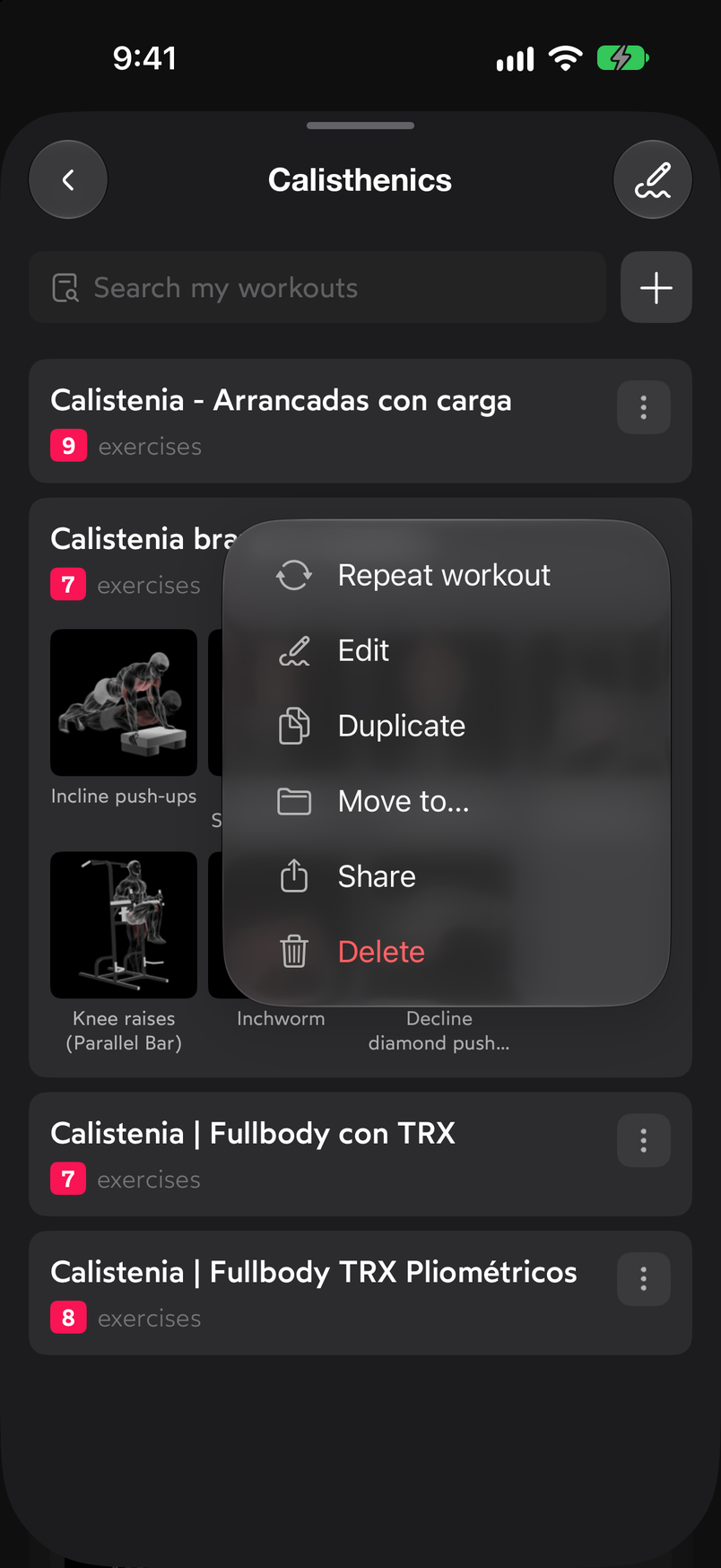 Routine menu with the options Repeat workout, Edit, Duplicate, Move to…, Share and Delete