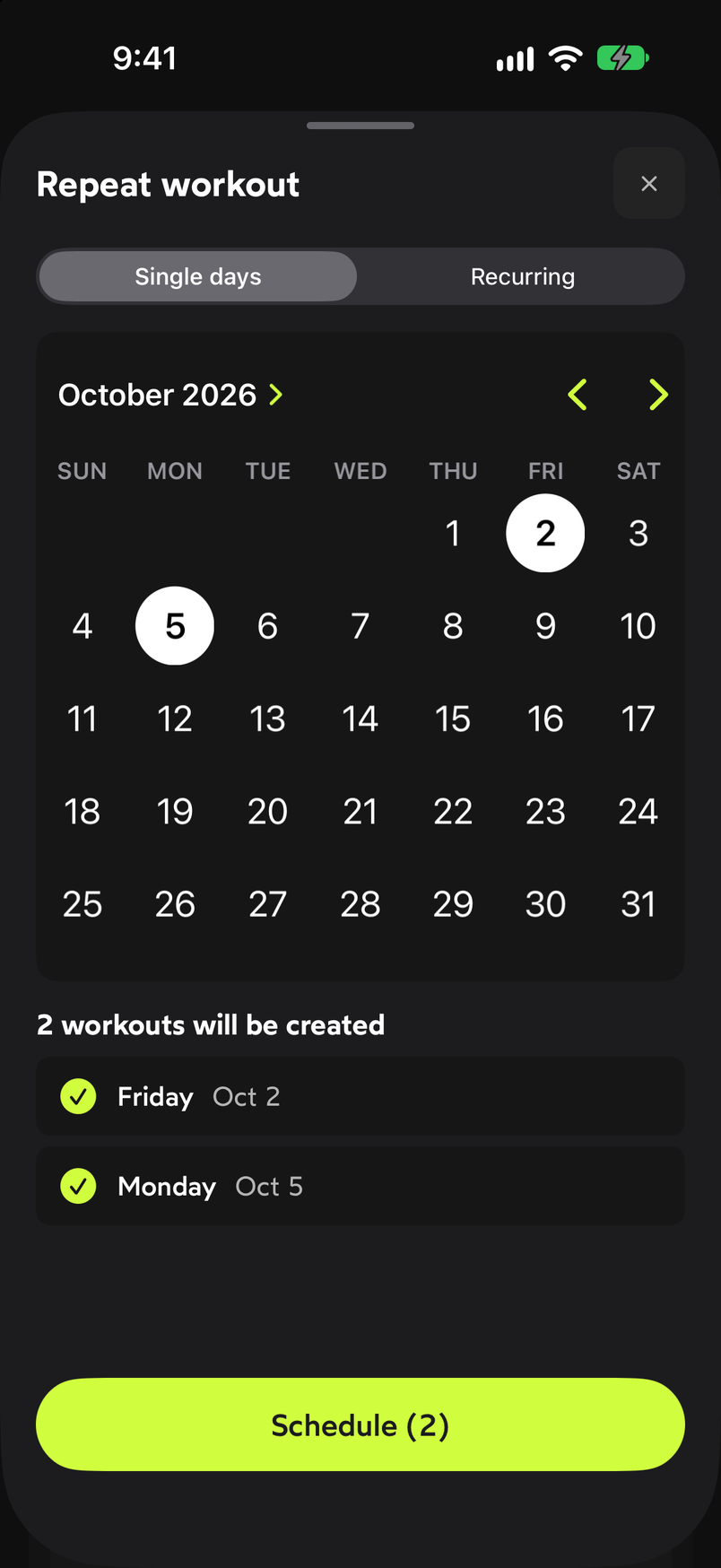 Repeat workout sheet with the Single days and Recurring tabs and the October calendar
