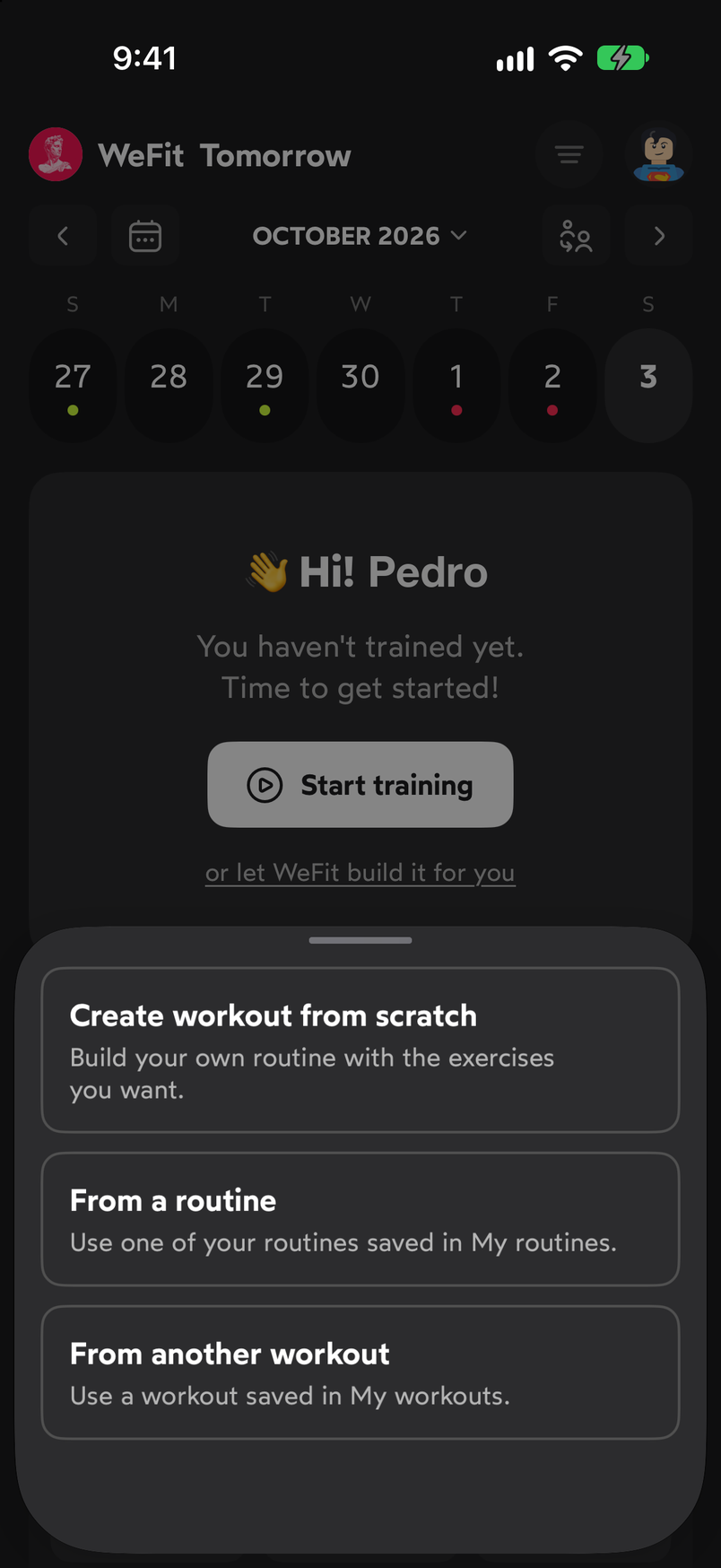 Sheet with the options Create workout from scratch, From a routine and From another workout