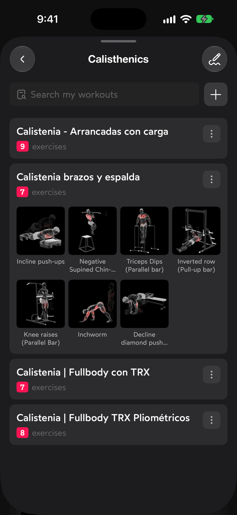 Routine expanded in its folder showing the grid of thumbnails of its exercises