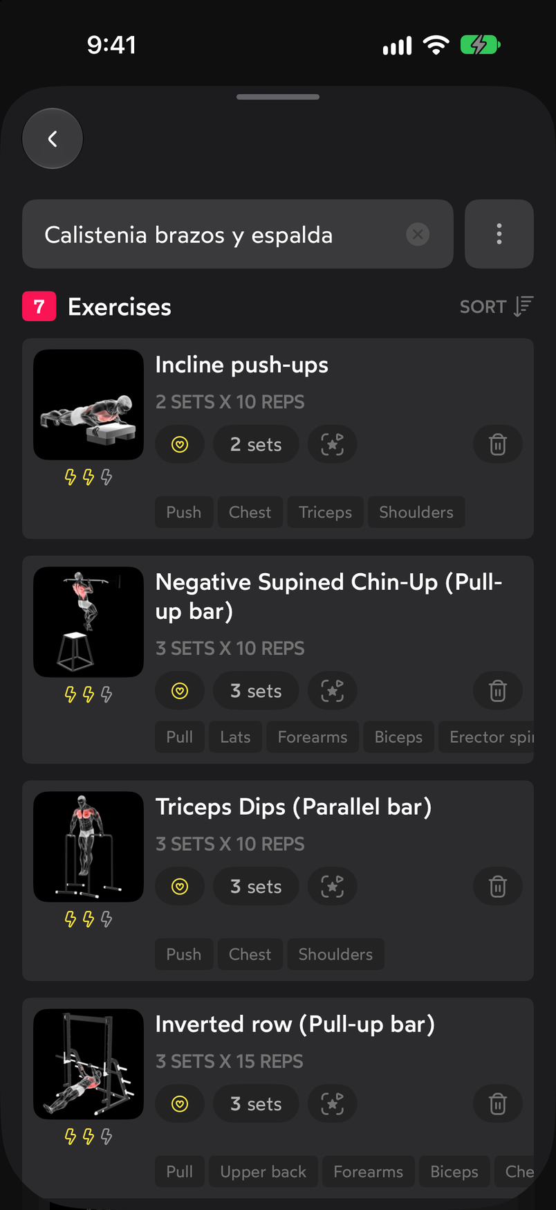 Routine editor with the name field, the 7 Exercises header with SORT and the exercise cards with their sets