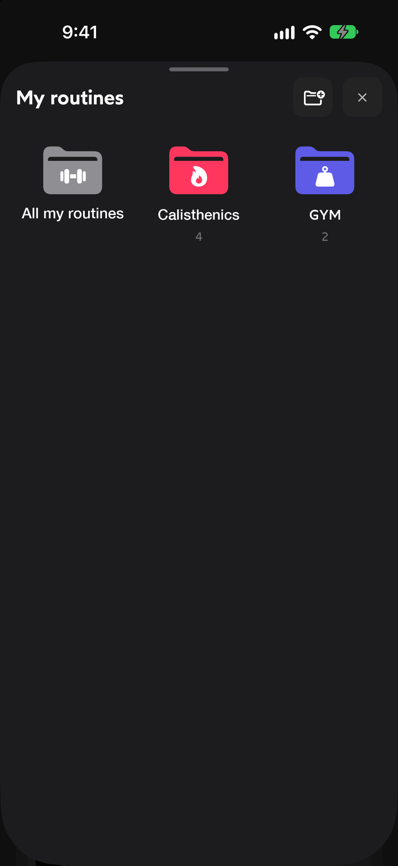 My routines screen with the All my routines, Calisthenics and GYM folders