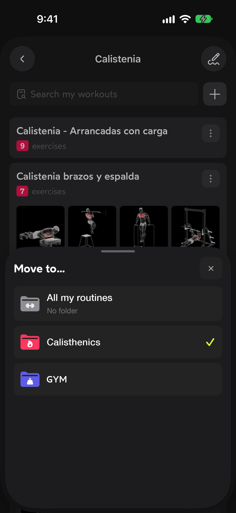 Move to… sheet with the All my routines, Calisthenics (marked) and GYM folders