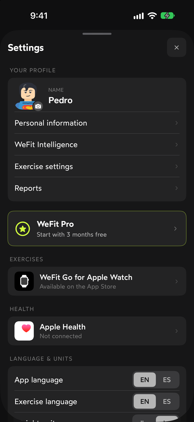 WeFit Settings with the Apple Health row in the Not connected state