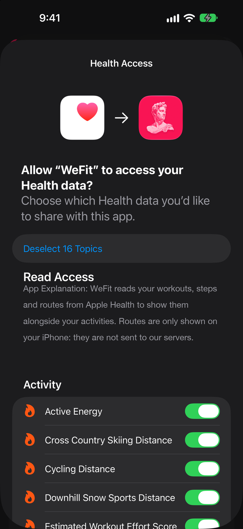 Health Access system dialog with WeFit's explanation and the switches for each data type