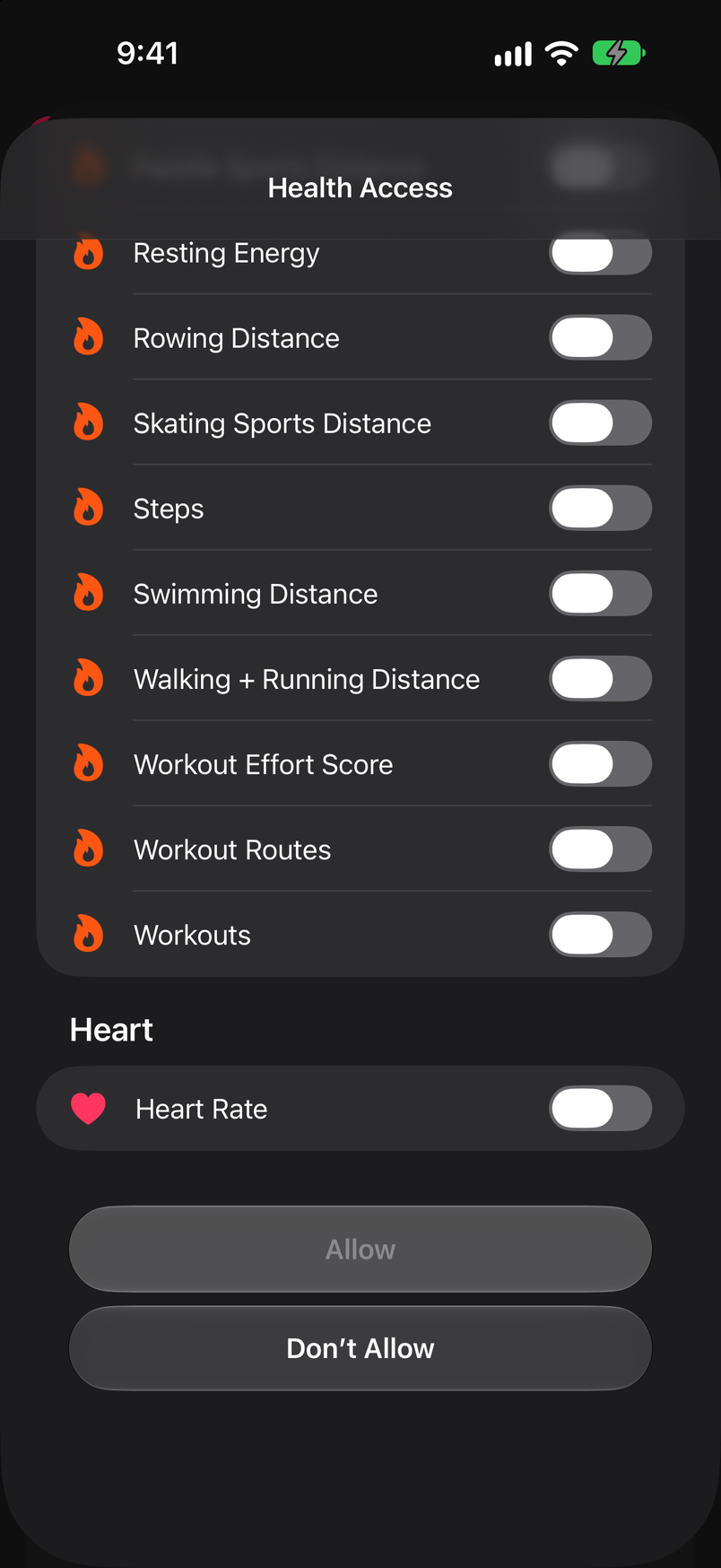 End of the Health permissions list with the Allow and Don't Allow buttons