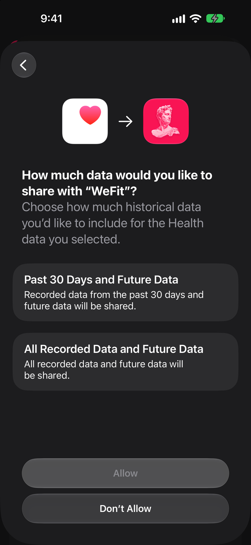 System screen to choose whether to share the last 30 days or the full Health history