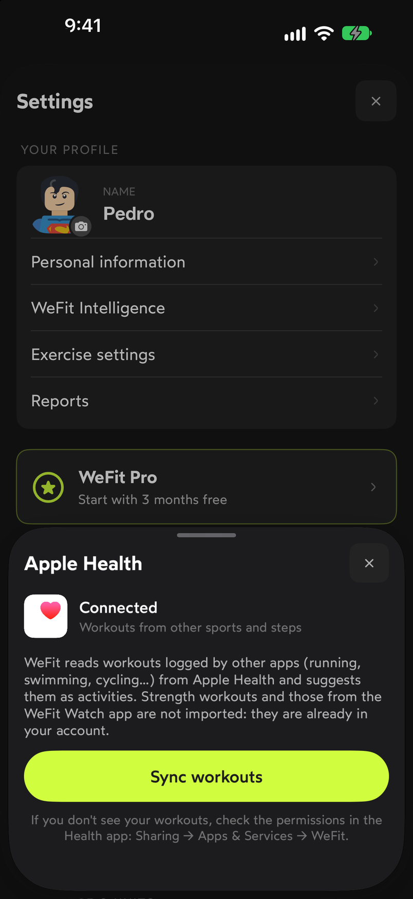 WeFit Apple Health sheet with the Connected status and the Sync workouts button