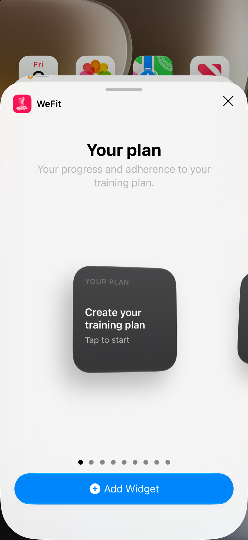 iOS widget gallery on the WeFit page: Your plan in small size, page indicator and Add Widget button