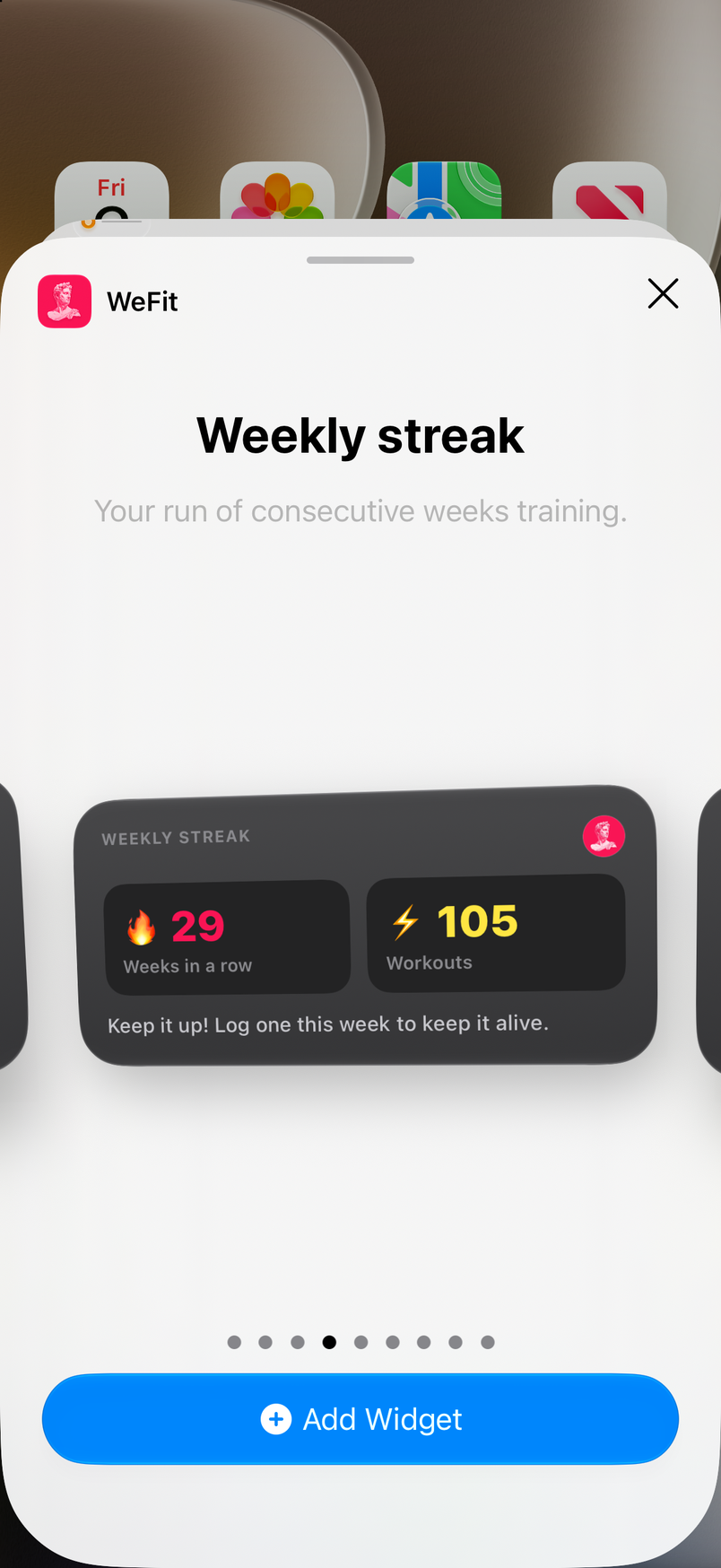 Widget gallery: Weekly streak in medium size, with the consecutive weeks and accumulated workouts