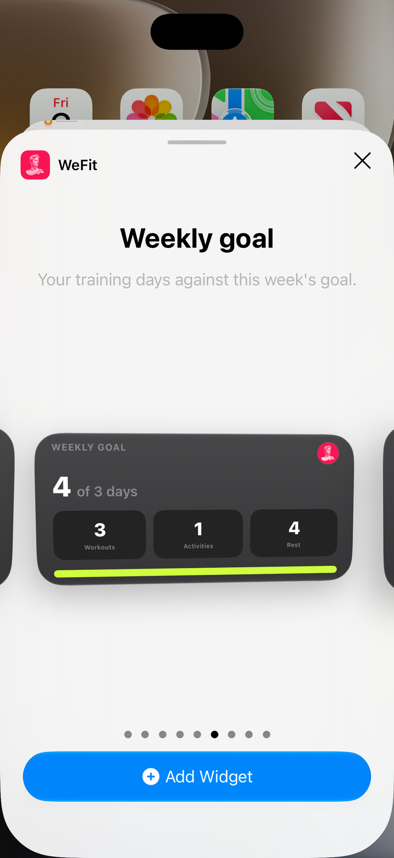 Widget gallery: Weekly goal in medium size, with the days trained against the goal