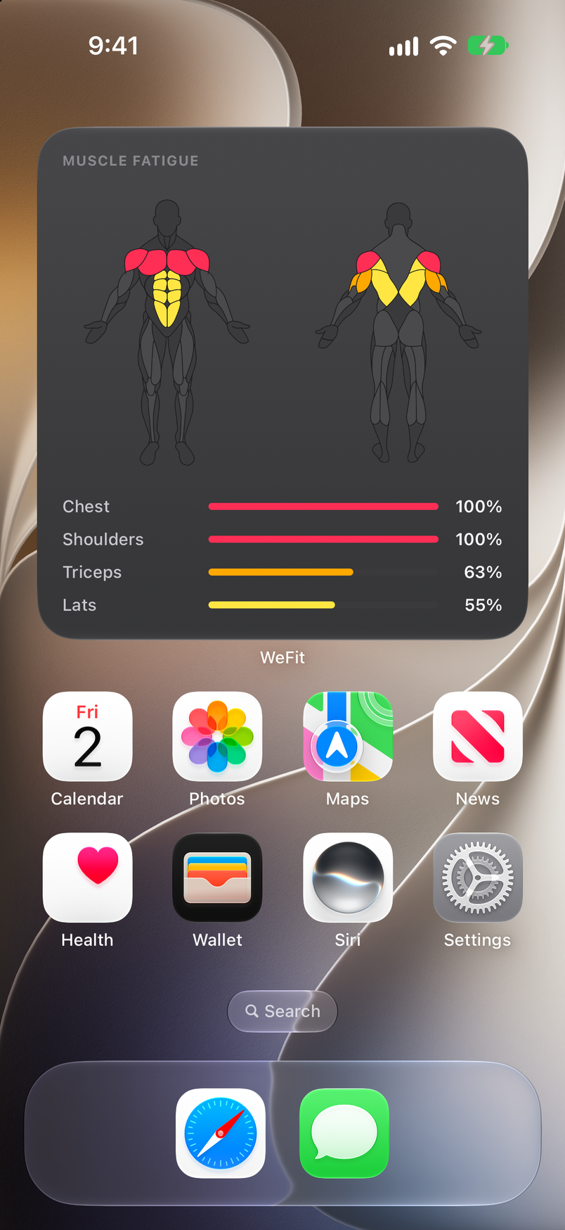 iPhone Home Screen with the large WeFit Muscle fatigue widget: a figure with the shoulders and lats highlighted and percentages by group