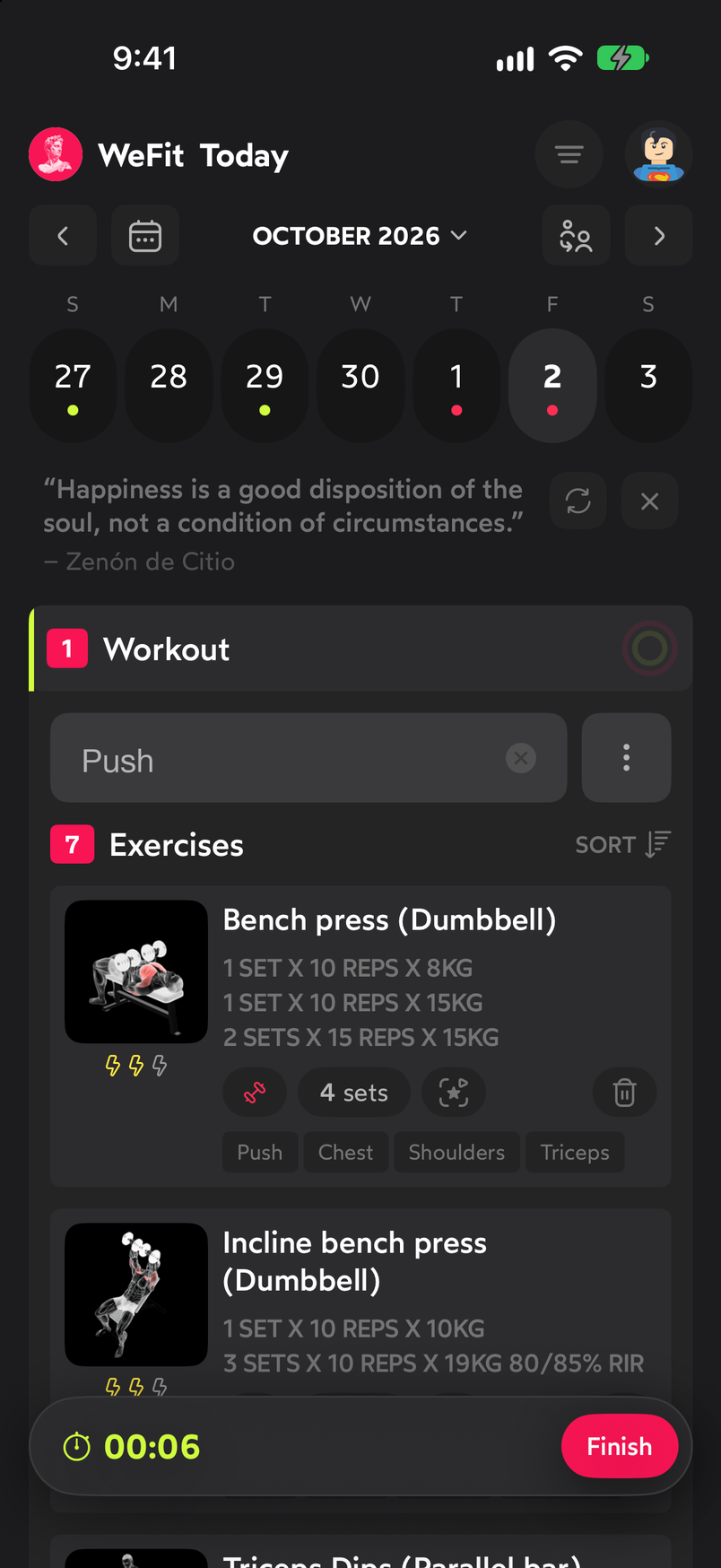 WeFit Today screen with a workout in progress and the floating timer bar with the Finish button