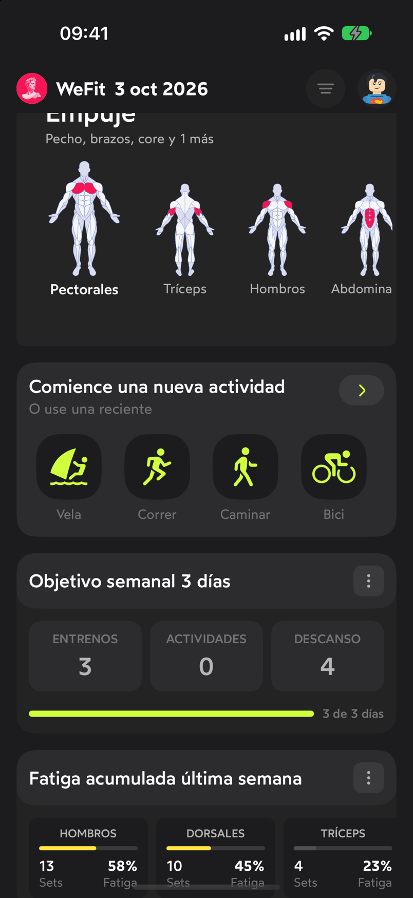 Pantalla Hoy de WeFit con la tarjeta Comience una nueva actividad y los iconos de deportes recientes
