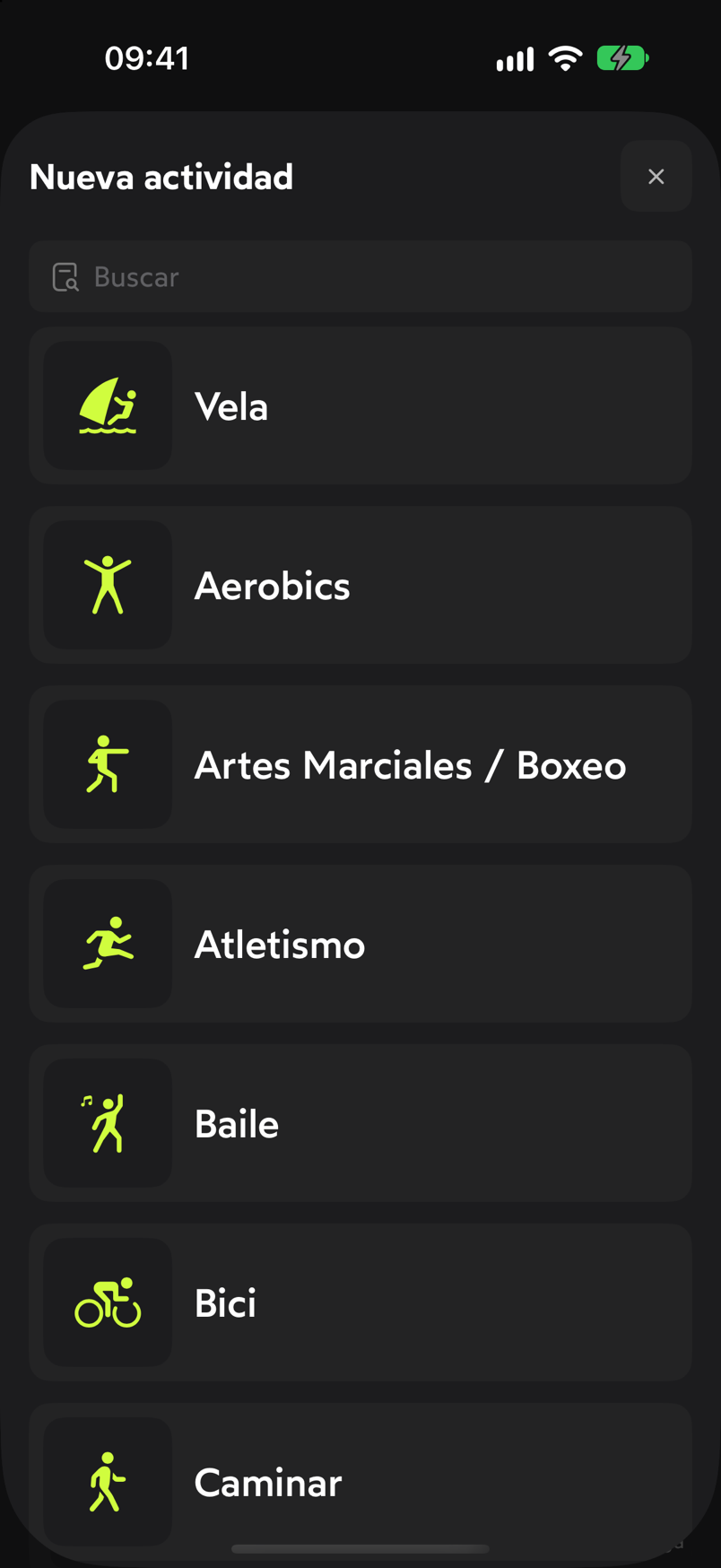 Hoja Nueva actividad de WeFit con el buscador y la lista de deportes