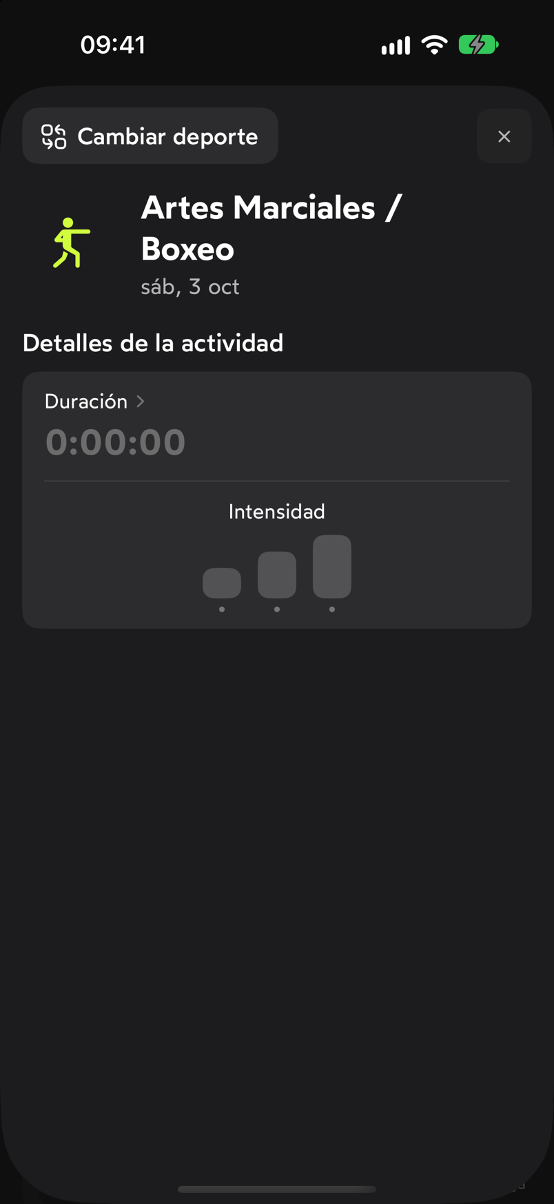 Configurador de una actividad de artes marciales en WeFit con los campos Duración e Intensidad