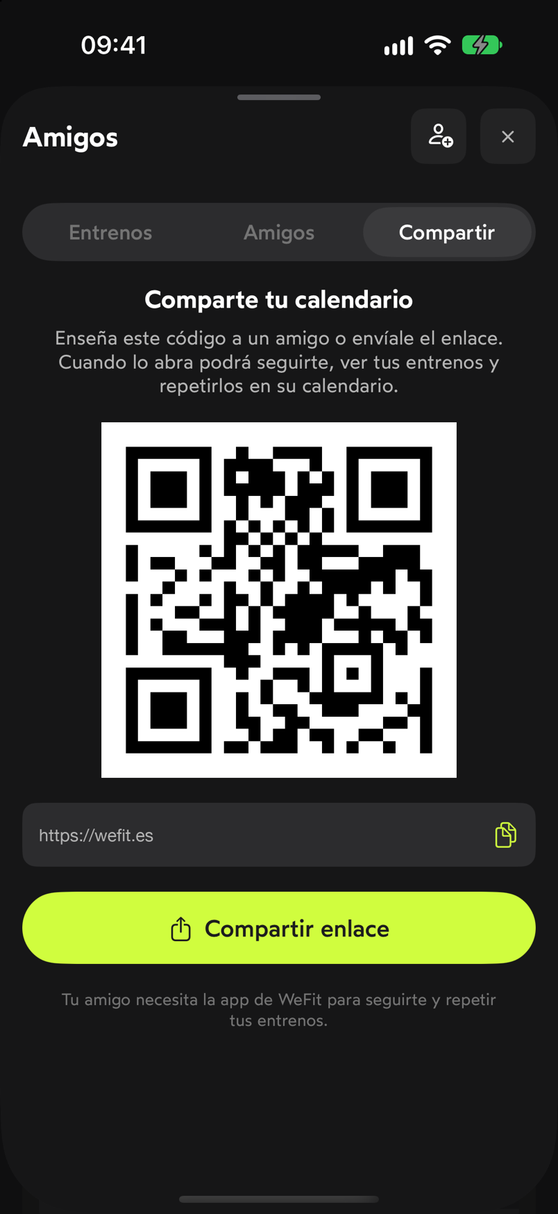Pestaña Compartir con el código QR del calendario, el enlace y el botón Compartir enlace