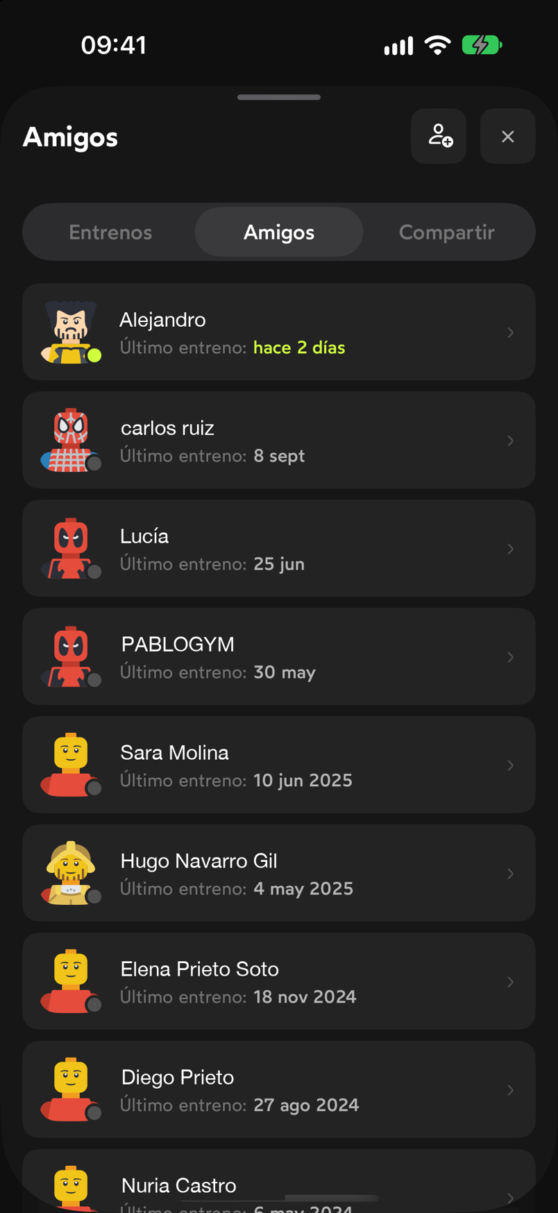 Pestaña Amigos con la lista de amigos y la fecha de su último entreno