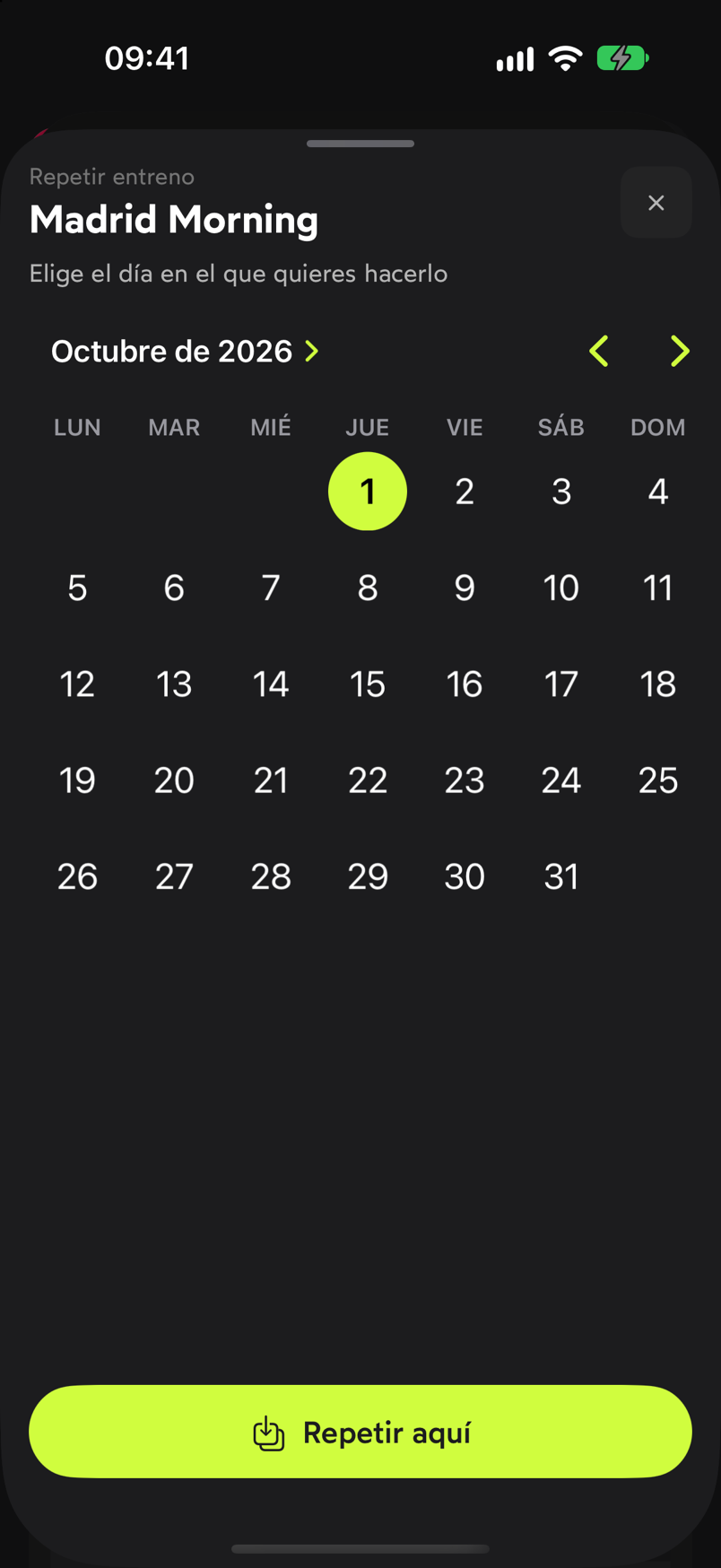 Hoja Repetir entreno con el calendario para elegir el día y el botón Repetir aquí