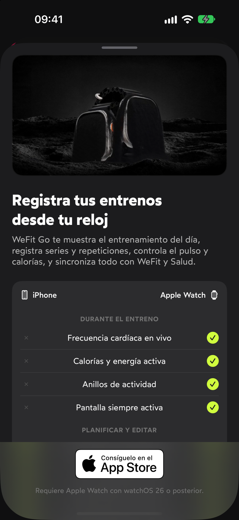Pantalla de WeFit Go con la tabla comparativa entre iPhone y Apple Watch y el botón de descarga en el App Store