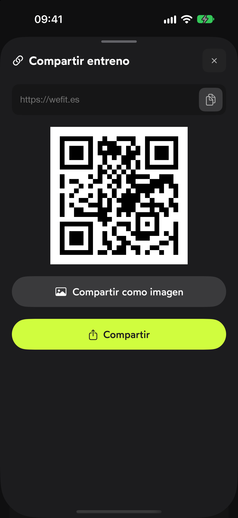 Hoja Compartir entreno con el enlace, el código QR y los botones Compartir como imagen y Compartir