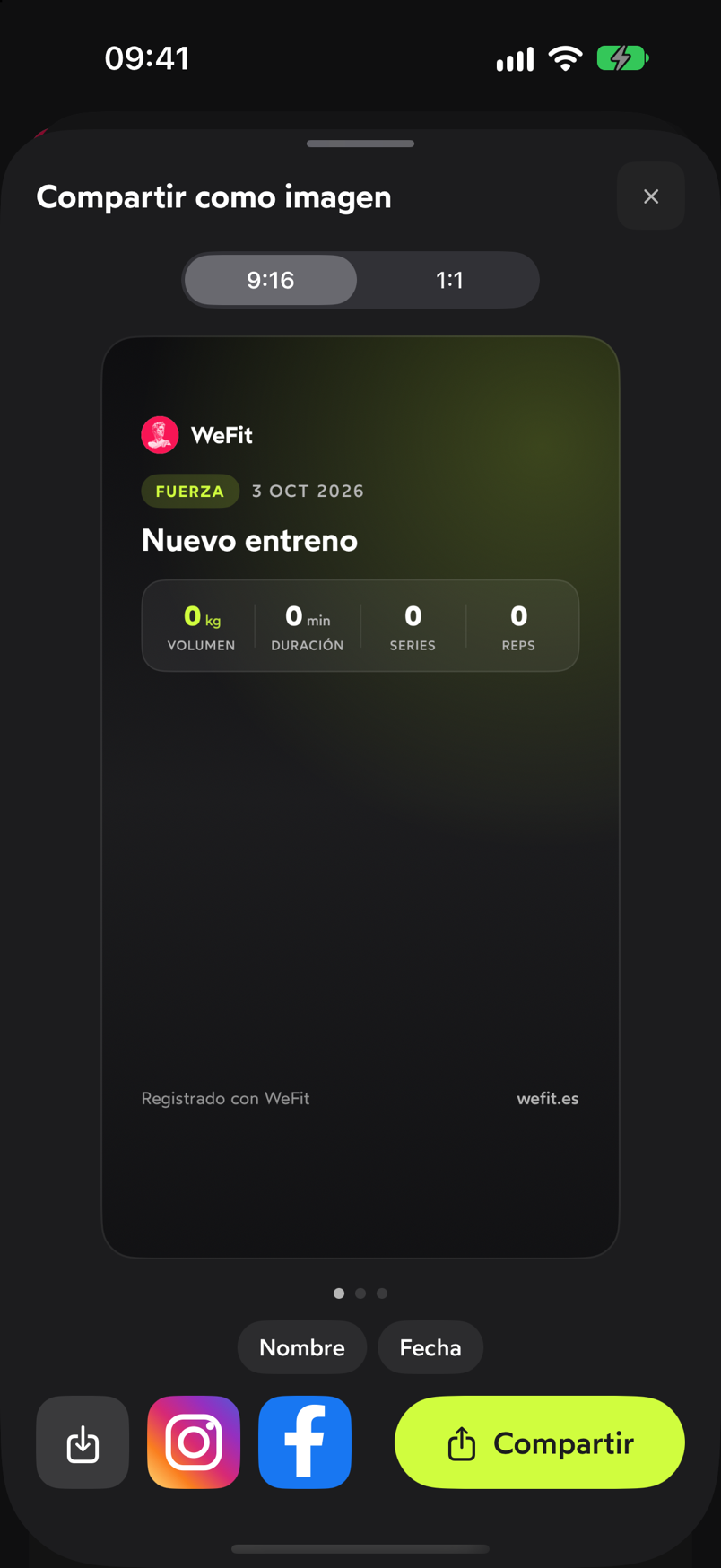 Editor Compartir como imagen con el formato 9:16 seleccionado, la vista previa de la tarjeta y los botones Guardar en Fotos, Instagram, Facebook y Compartir