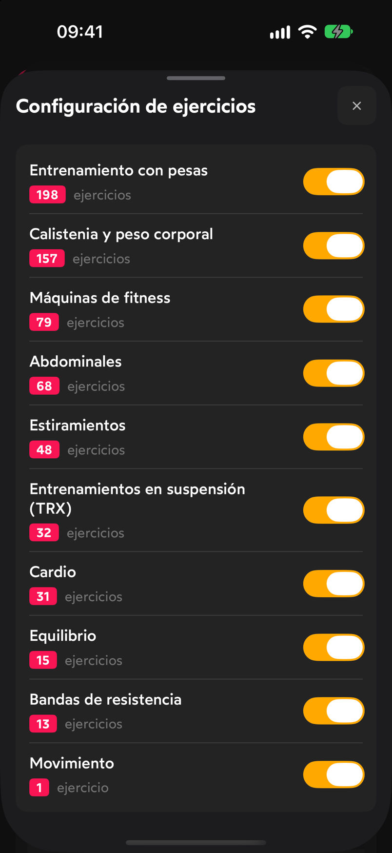 Hoja Configuración de ejercicios con los grupos de la biblioteca y un interruptor por grupo