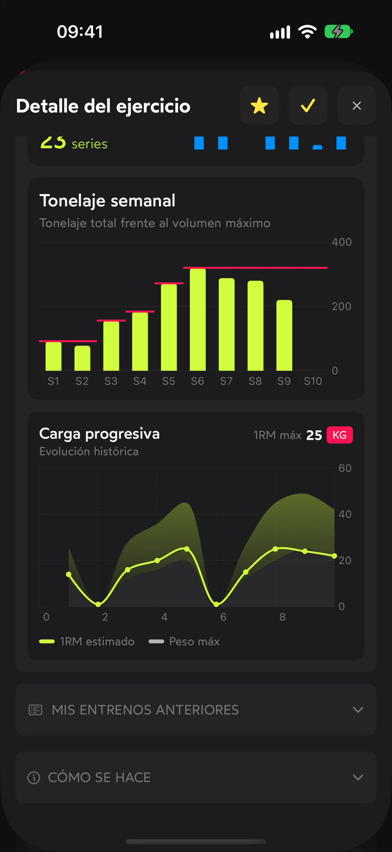 Sección Estadísticas desplegada con las gráficas de tonelaje semanal y carga progresiva