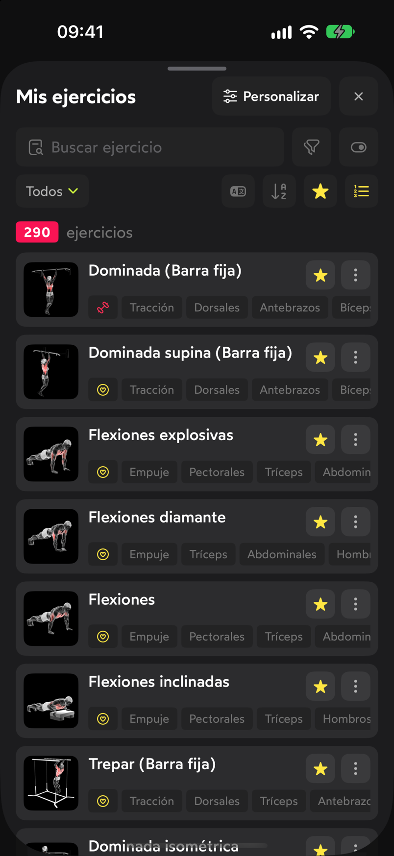 Pantalla Mis ejercicios con buscador, filtros, 290 ejercicios y la lista con estrellas de favorito