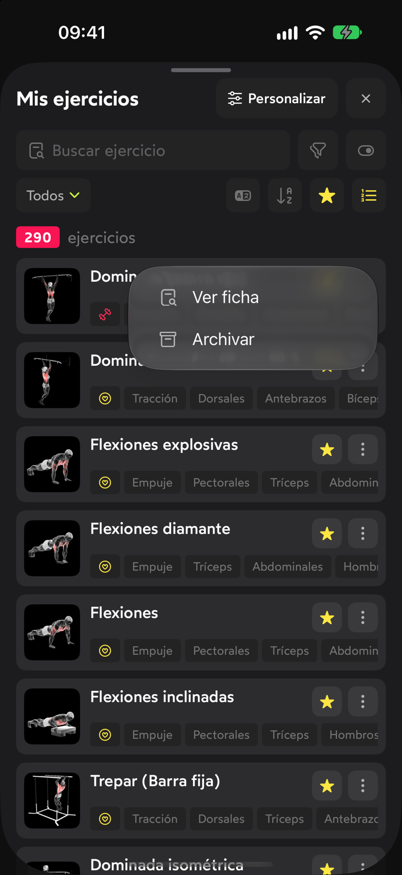 Menú de un ejercicio con las opciones Ver ficha y Archivar