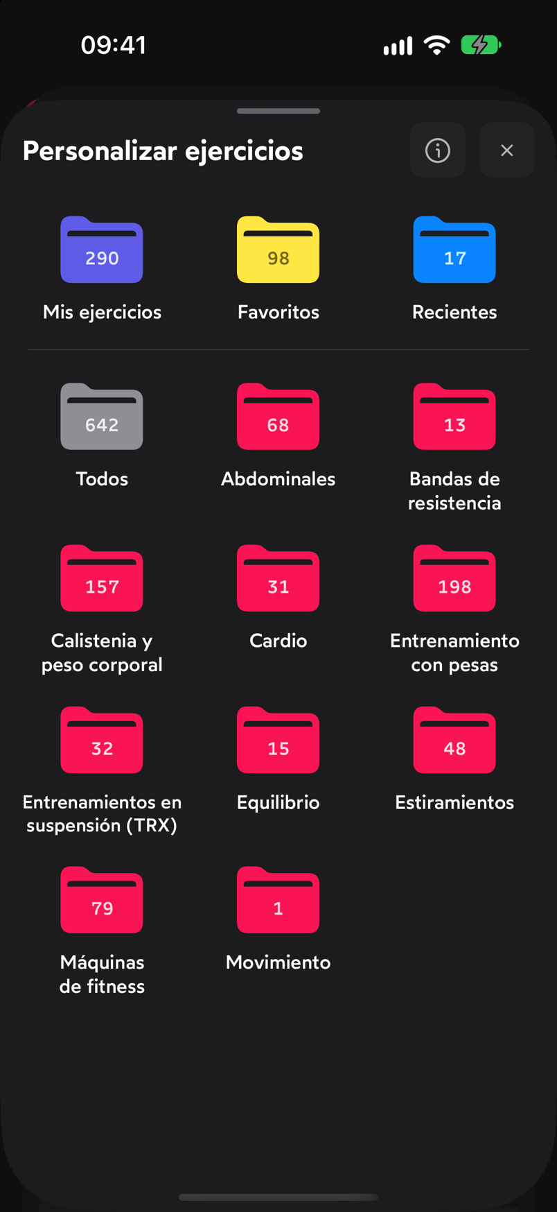 Pantalla Personalizar ejercicios con las carpetas Mis ejercicios, Favoritos, Recientes, Todos y los grupos de ejercicios